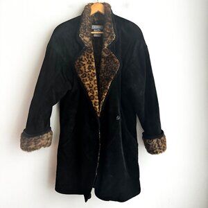 Vintage Novelti Black Suede Animal Print Faux Fur Lined Winter Coat M